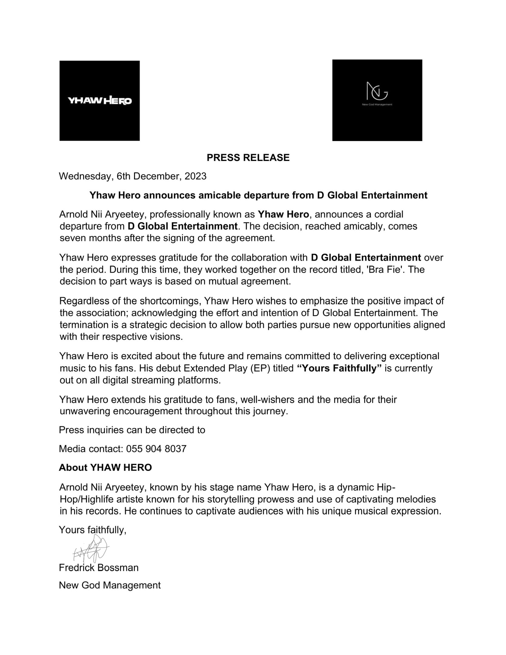 Yhaw Hero - Departure press release